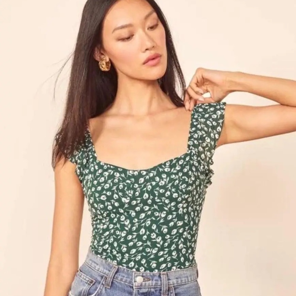 Reformation Lisbon Top Green Floral Suzanna Tank Ruched Back Ruffle Sleeve